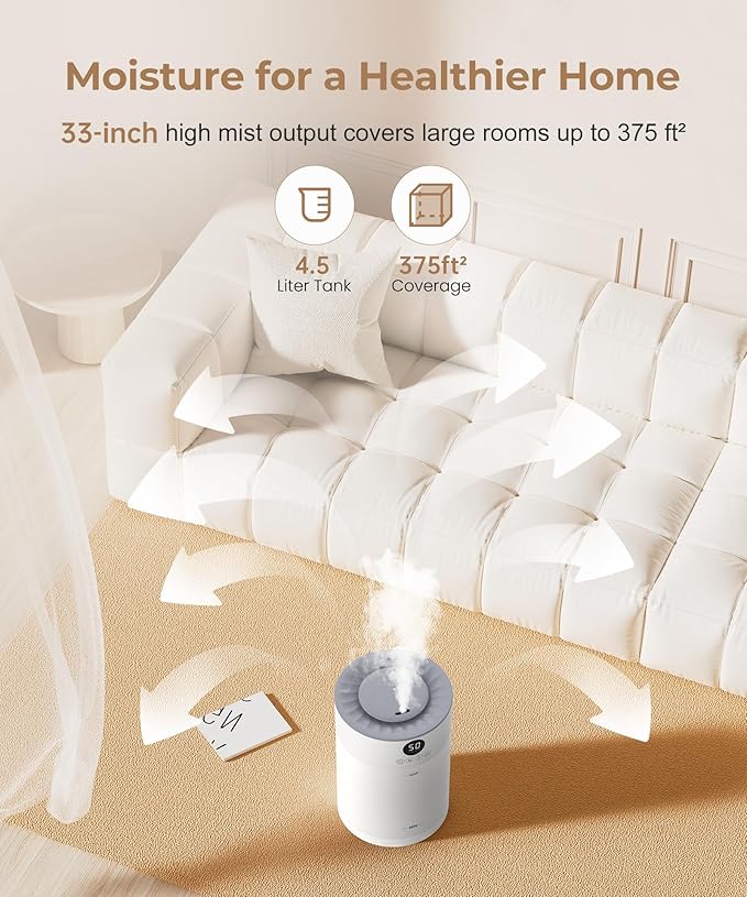 Abolee Humidifiers for Plants 4.5L Cool Mist with Essential Oil Diffuser, Humidifier Large Room, 24dB Quiet Air Humificador fit Baby Nursery & Bedroom, 360° Adjustable, Easy Fill & Cleaning (White)