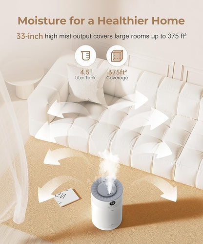 Abolee Humidifiers for Plants 4.5L Cool Mist with Essential Oil Diffuser, Humidifier Large Room, 24dB Quiet Air Humificador fit Baby Nursery & Bedroom, 360° Adjustable, Easy Fill & Cleaning (White)