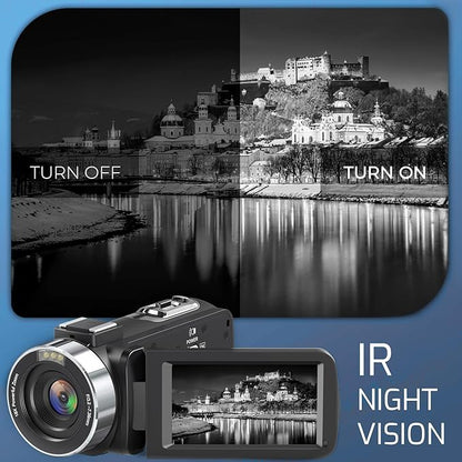 4K Camcorder Video Camera UHD 80MP IR Night Vision Vlogging Camera for YouTube,18X Digital Zoom Camcorder 3.0" 270° Rotation IPS HD Screen Video Recorder With 32GB SD Card, Lens Cap and 2 Batteries