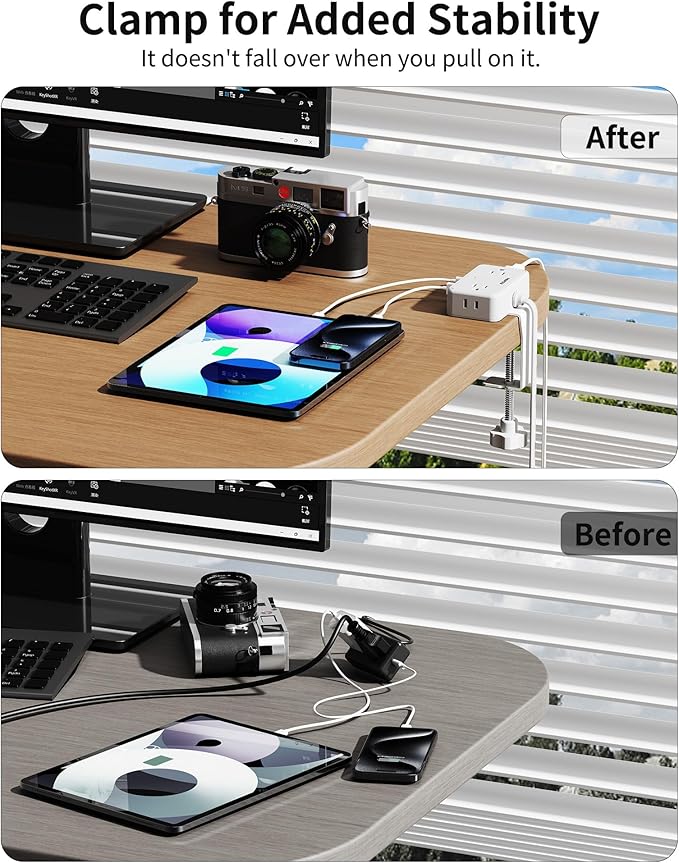 HOPOW Desk Clamp Power Strip, Desktop Mount Charging Station with 4 Outlets 4 USB Ports (2 USB C), 10Ft Under Desk Power Strip, Fits 2.75" Tabletop Edge, Extension Cord for Home Office, White