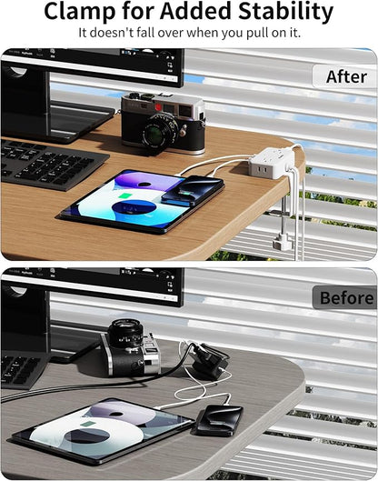 HOPOW Desk Clamp Power Strip, Desktop Mount Charging Station with 4 Outlets 4 USB Ports (2 USB C), 10Ft Under Desk Power Strip, Fits 2.75" Tabletop Edge, Extension Cord for Home Office, White