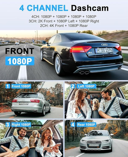 Dash Cam 4 Channel 360° Front Rear Inside DashCam, 4K Full HD Dashcam Car Camera, Free 128GB Card, Built-in Wi-Fi GPS Dashcams, 3.18” IPS Screen, WDR Night Vision, 24H Parking Mode (XJDC001)