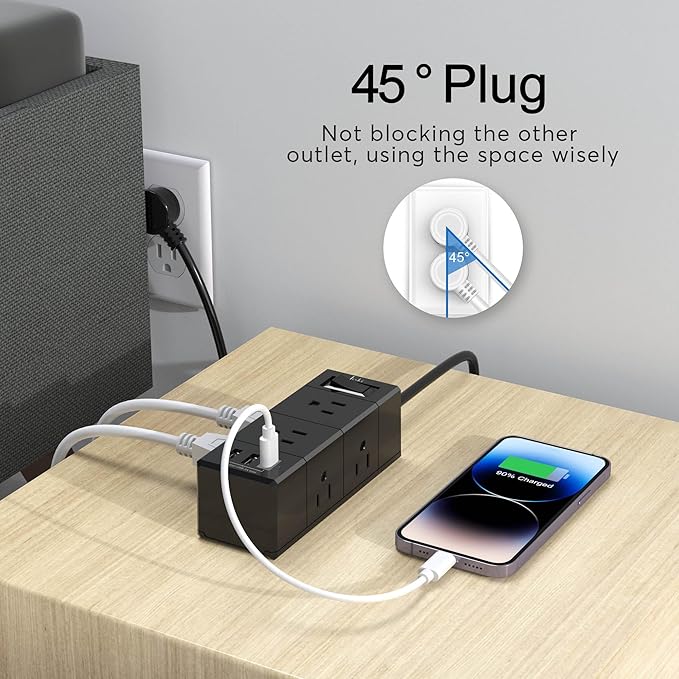 20Ft Extension Cord Flat Plug Power Strip - Tcstei 3-Side Outlet Extender with 6 AC Outlets and 3 USB Ports (1 USB C), Compact for Home, Office, Dorm Room Essentials, Black