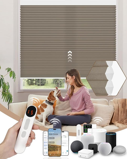Kincmo Motorized Cellular Shades, Custom Motorized Blinds with Remote, Cordless Smart Electric Honeycomb Blinds Work with Apple HomeKit, Alexa, Google (75%-Blackout-Single-Cell Coffee)