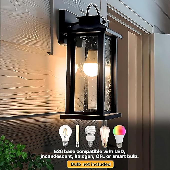 2-Pack 15.5 Inch Large Dusk to Dawn Outdoor Lighting, Matte Black Porch Lights Outdoor Light Fixture with Clear Seeded Glass, Waterproof Anti-Rust Exterior Lighting Fixtures for House