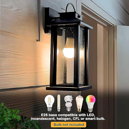 2-Pack 15.5 Inch Large Dusk to Dawn Outdoor Lighting, Matte Black Porch Lights Outdoor Light Fixture with Clear Seeded Glass, Waterproof Anti-Rust Exterior Lighting Fixtures for House