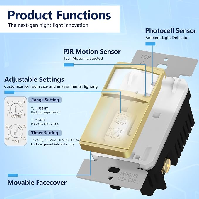 LIDER PIR Vacancy Motion Sensor Switch, LED, No Ground Required, Matte Gold | 1200 Sq. Ft. Coverage, Neutral Required, Adjustable Time Delay, Screwless Wall Plate Included, UL Listed, Guide Light