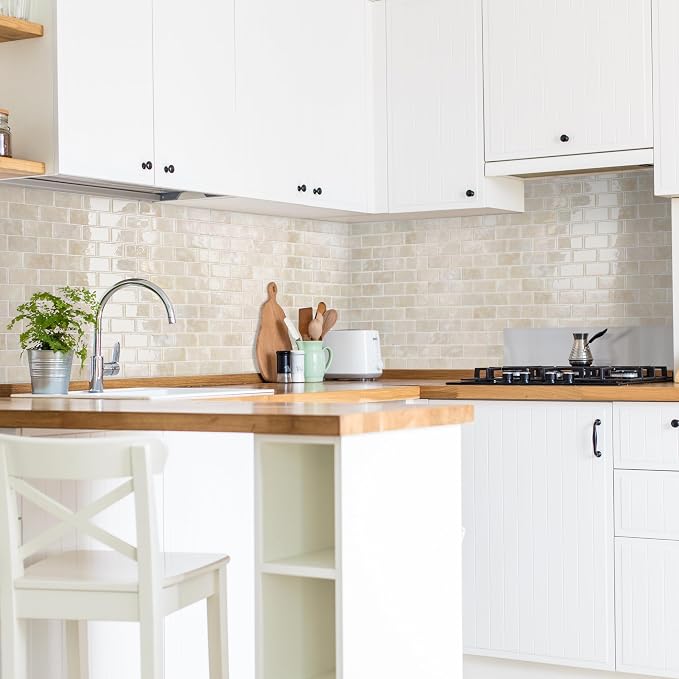 Smart Tiles Peel and Stick backsplash, Subway Latte Beige, 10.95"x9.7" | Pack of 10 (6.3 sq ft), Glossy, Heat/Moisture Resistant, Low VOC, Kitchen/Bathroom, Renter Friendly, Made in Canada