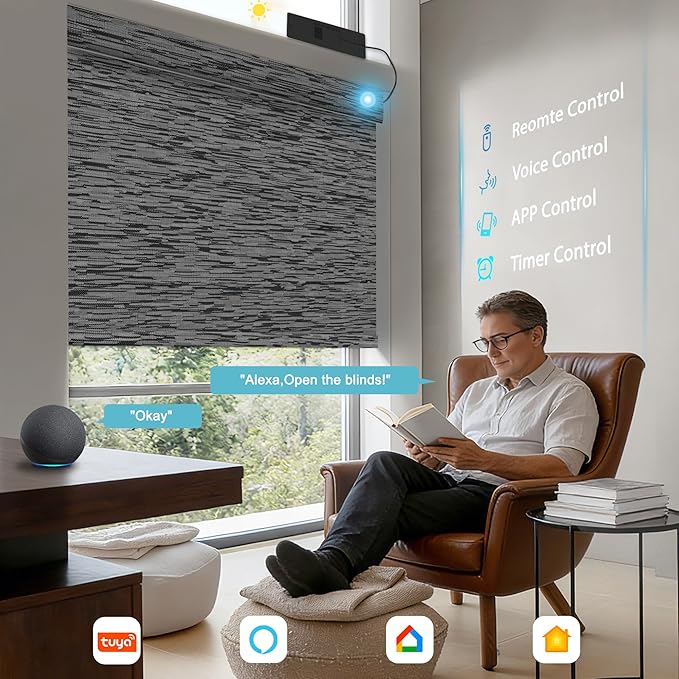 BERISSA Smart Motorized Blinds with Remote,No Drill Automatic Roller Blinds for Indoor Windows,Blackout Linen Fabric,Electric Shades for Windows Home Office,Maze Black,Custom Size