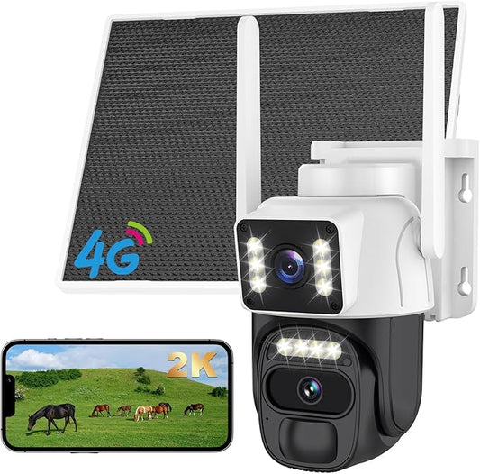 4G LTE Cellular Solar Powered Security Camera Wireless Outdoor, No WiFi Dual Lens Camera, 360 Live View, 2K Color Night Vision, AI PIR Motion Sensor, 2-Way Audio, Built in SIM Card