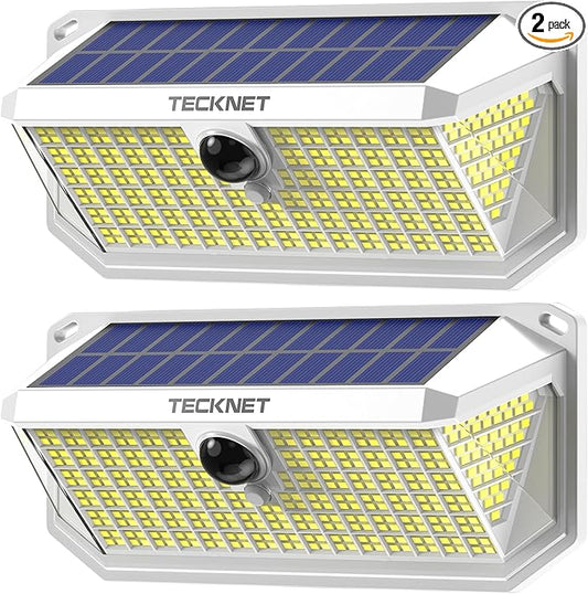 TECKNET 416 LED Solar Powered Outdoor Lights, 270° Angle & 3 Lighting Modes Motion Sensor Light Outdoor, Security Solar Lights Waterproof - 2 Pack, White, Cold Light