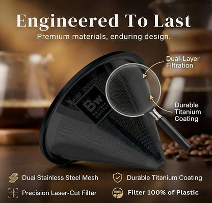 Barista Warrior Reusable Coffee Filter - Stainless Steel Pour Over Dripper, Compatible for Chemex, Hario V60 & Drippers, Easy to Clean Flavorful Brew Fine Mesh Coffee Filter - Black Titanium