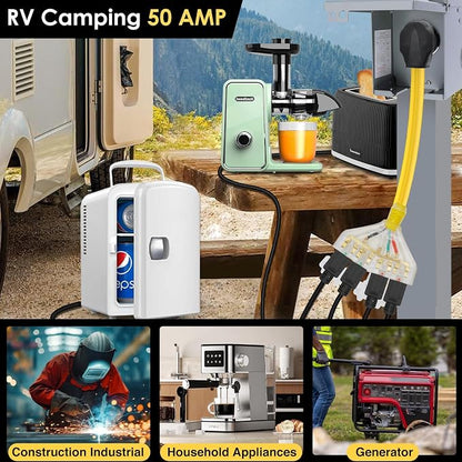 50 Amp to 110 Adapter NEMA 14-50P to 4X 5-20R Household with Dust Caps
