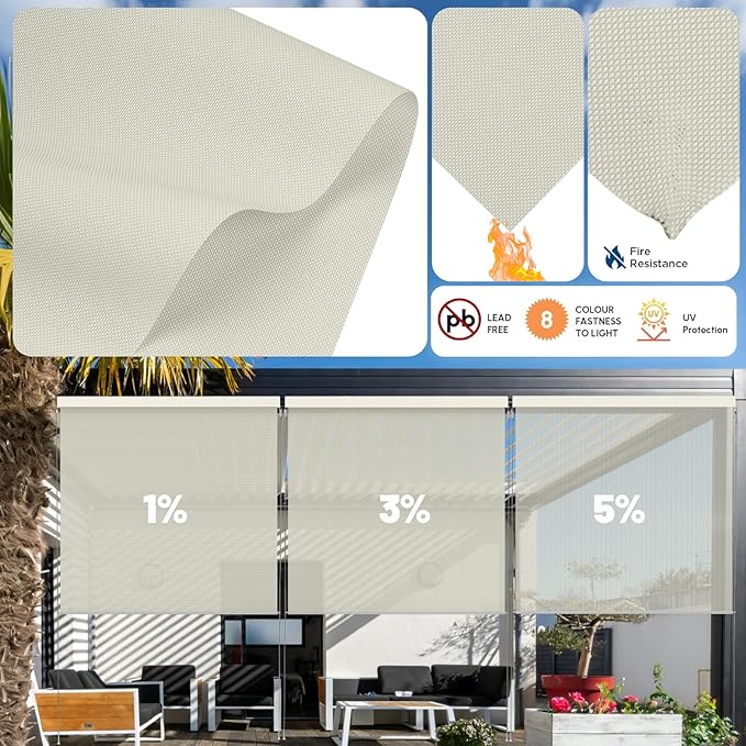 Motorized Outdoor Shades, Custom Patio Roller Blinds with Remote, Smart Exterior Sun Shades Compatible with Alexa, HomeKit, Google Home (5% Openness Beige)