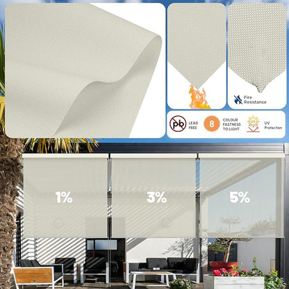 Motorized Outdoor Shades, Custom Patio Roller Blinds with Remote, Smart Exterior Sun Shades Compatible with Alexa, HomeKit, Google Home (5% Openness Beige)