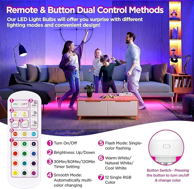 Rechargeable Battery Operated Light Bulb with Remote Control 4 Packs, 350LM Dimmable Detachable LED Bulb with 15 Colors Selectable & 3 Timer, Wireless Puck Light Bulb for Wall Sconce, Non-Hardwired