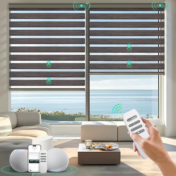 HeyBlinds Motorized Zebra Blinds with Remote, Smart Cordless Electric Zebra Shades for Indoor Windows Compatible with Alexa Google & Homekit, Custom Size (Flourish-Espresso BO)