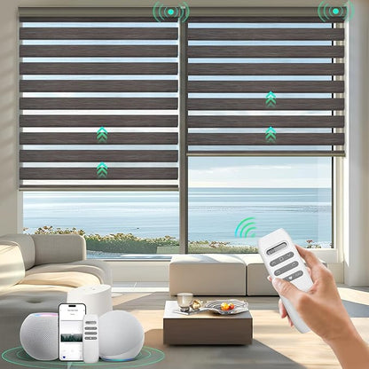 HeyBlinds Motorized Zebra Blinds with Remote, Smart Cordless Electric Zebra Shades for Indoor Windows Compatible with Alexa Google & Homekit, Custom Size (Flourish-Espresso BO)