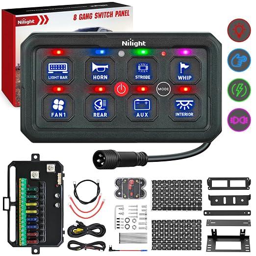 Nilight 8 Gang Switch Panel Blue 12V 24V Circuit Control System 4-Mode | Fuse Wiring Harness Automatic Dimmable LED Pod Toggle/Momentary/Strobe/Flash Modes for Car Pickup Truck Camper SUV
