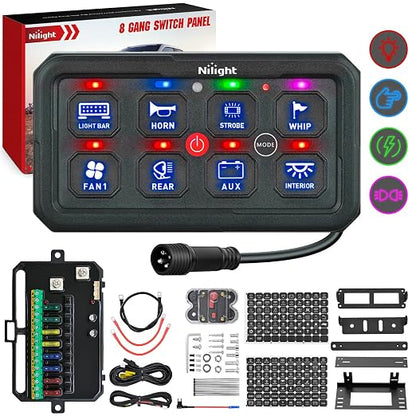 Nilight 8 Gang Switch Panel Blue 12V 24V Circuit Control System 4-Mode | Fuse Wiring Harness Automatic Dimmable LED Pod Toggle/Momentary/Strobe/Flash Modes for Car Pickup Truck Camper SUV