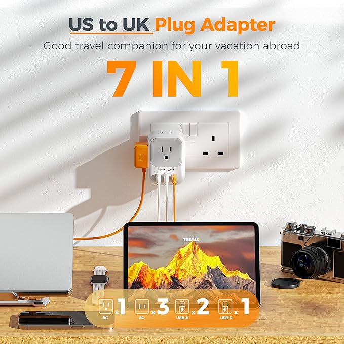 TESSAN UK Adapters for Travel, US to UK Ireland Plug Adapter 20W, Foldable