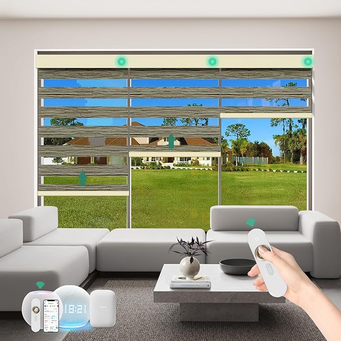 Motorized Zebra Blinds with Remote [Dual Layer + Light Filtering] 60% Blackout Smart Shades for Indoor Windows, Alexa Google and HomeKit Compatible, Customized Size, Woven Slate