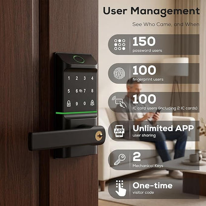 Smart Door Lock Keyless Entry, 6-in-1 Biometric Deadbolt w/Fingerprint, Keypad, IC Card, APP, Key, Type-C Charging, IP65 Waterproof, Bluetooth, Doorbell & Auto-Lock for Front Door Home Security