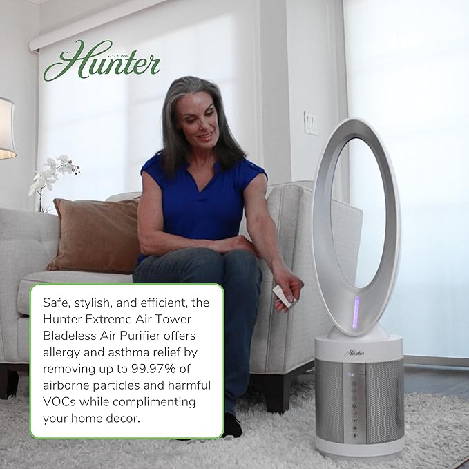 Hunter ExtremeAir Tower Bladeless Air Purifier. 2-in-1 Air Purifiers for Home & Bladeless Fan Combo. Bedroom Air Purifier Cooling Fan. Oscillating, 9 Speeds, Touch Control. Taupe.