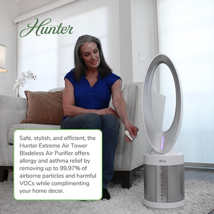 Hunter ExtremeAir Tower Bladeless Air Purifier. 2-in-1 Air Purifiers for Home & Bladeless Fan Combo. Bedroom Air Purifier Cooling Fan. Oscillating, 9 Speeds, Touch Control. Taupe.