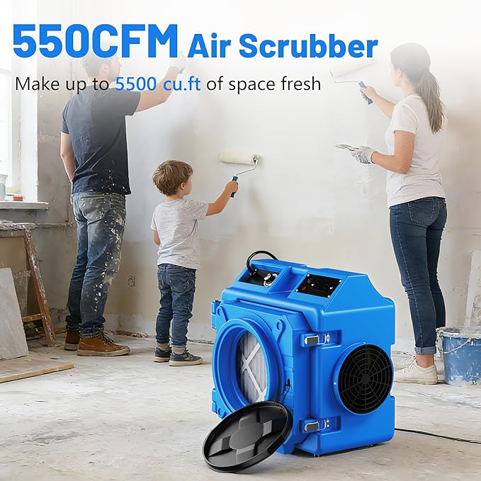 Air Scrubber with 3 Stage Filtration, 550CFM HEPA Air Scrubber Commercial Industrial Grade, Heavy Duty Air Cleaner with MERV-10 Filter, HEPA/Activated Carbon Filter