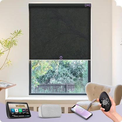 Graywind Motorized Solar Shades Light Filtering Mesh Shade Compatible with Alexa Google Remote Control Window Blinds with Valance for Smart Home Office Business, Custom Size (3% Openness Black Pearl)