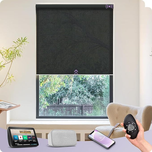 Graywind Motorized Solar Shades Light Filtering Mesh Shade Compatible with Alexa Google Remote Control Window Blinds with Valance for Smart Home Office Business, Custom Size (3% Openness Black Pearl)