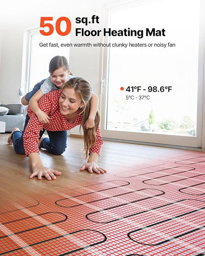 VEVOR Self-Adhesive Mesh Floor Heating Mat, 50 sqft 120V, Smart Thermostat & Alarm, Easy Install for Tile, Stone & Vinyl Flooring