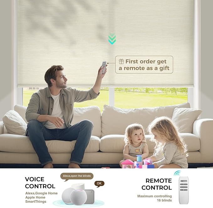 HeyBlinds Motorized Blinds with Remote, Smart Roller Shades with App & Voice Control, Work with Alexa Google HomeKit, Light Filtering Custom Window Shades for Living Room Office (Summer Haze-Cream LF)