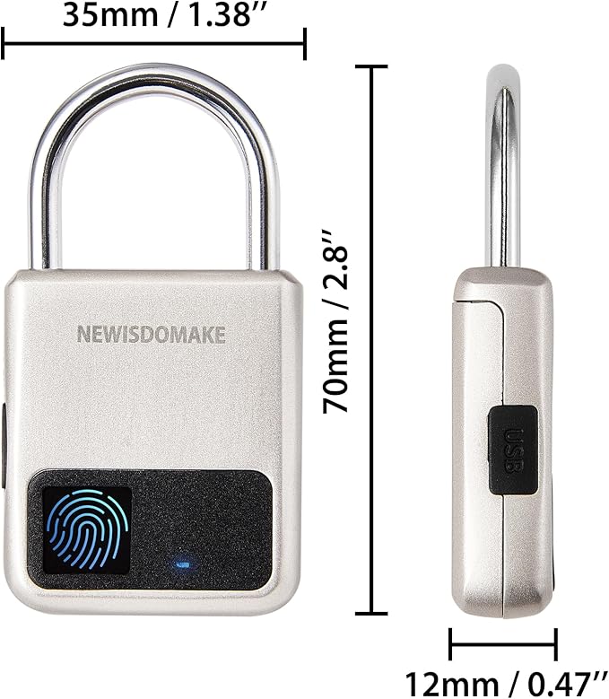 Fingerprint Padlock, Smart Padlock with USB Charging Support, Fingerprint Lock, Biometric Lock Suitable for Luggage, Bookcase, Suitcase, Backpack, Bike, School Locker, Gym Locker Lock(Gold)