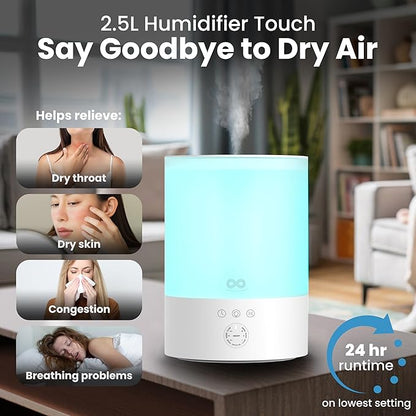 Everlasting Comfort 2.5L Top Fill Humidifier for Bedroom – Quiet, Easy to Fill & Clean, 24HR Runtime, Night Lights, Timer, Ultrasonic Cool Mist, Auto Shut-Off, Essential Oil Diffuser - White