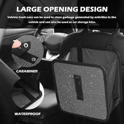 Bling Car Trash Can with Rhinestone,Foldable Car Garbage Can for in-Vehicle Waste Disposal,Multipurpose Hanging Back Seat Organizer & Decorations Fit for Most Cars Trucks (Pink)