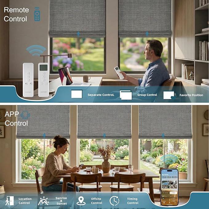 Motorized Roman Shades with Remote,Wooden Blinds Compatible with Alexa/Google/Apple Homekit,Natural Woven Wood Blinds,Electric Blinds Customized Size,Crocheting Chocolate