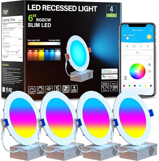 CHARKEE 6 Inch Smart Recessed Lights, RGBCW Color Changing Dimmable Downlights with Junction Box, Compatible with Alexa & Google Home, 13W 1100LM, 4pack