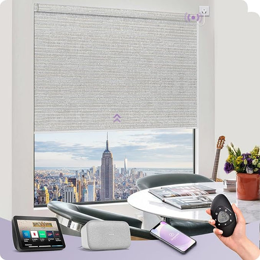 Graywind Smart Blackout Roller Shades Work with Alexa Google WiFi Hardwired Textured Fabric Motorized Blinds Remote Window Shades, Custom Size (Metallic Fuscous Grey)