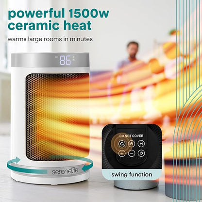 SereneLife Smart Space Heater – 1500W Indoor Electric Heater with Thermostat, Remote Control, 12-Hour Timer, Wi-Fi Enabled PTC Ceramic Heating for Home and Office, White (5.9" x 5.9" x 9.5")