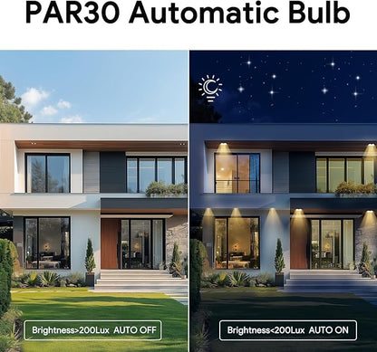 Energetic PAR30 4-Pack Dusk to Dawn LED Outdoor Flood Light Bulb, 850LM, 2700K Soft White, E26 Base, Automatic On/Off Sensor Light Bulb for Porch, Hallway, Garage