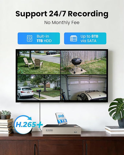 ZOSI 3K Lite Home Security Camera System with Audio, AI Human/Vehicle Detection, Night Vision, 8pcs 1920TVL Outdoor Metal Bullet Cameras, 8CH H.265+ CCTV DVR with 1TB HDD for 24/7 Recording