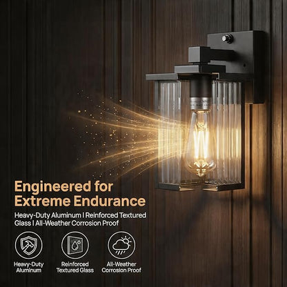 2 Pack Dusk to Dawn Outdoor Lighting, Modern Wall Sconce with Textured Glass, Waterproof IP65 Exterior Light Fixture, Soft Glow Warm Ambiance for Front Door Porch Garage, 10.6 Inch Height, Black