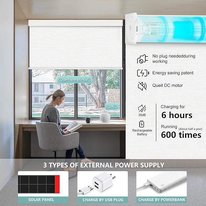 Aprilsmart Motorized Blinds with Remote,Compatible with Apple HomeKit Alexa Google Home- Voice and app Control,Motorized Roller Shades 100% Blackout Custom Size(Safari White-03)