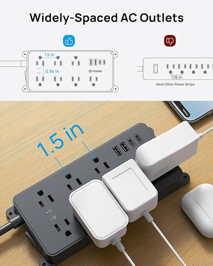 TROND Surge Protector Power Strip, Flat Plug 15ft Long Extension Cord, 7 Widely-Spaced Outlets with 4 USB Ports, ETL Listed, 1700J, Wall Mountable, for Home Office Garage, Black