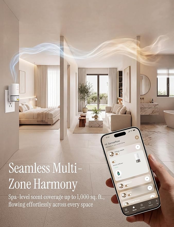 Essential Oil Diffuser for Home, Smart Waterless Aromatherapy Diffuser SF101S Pro, Plug in Room Scent with Timer & 120-Day Natural Aroma, Covers 1000 Sq Ft – Free 30ml Australian Sandalwood