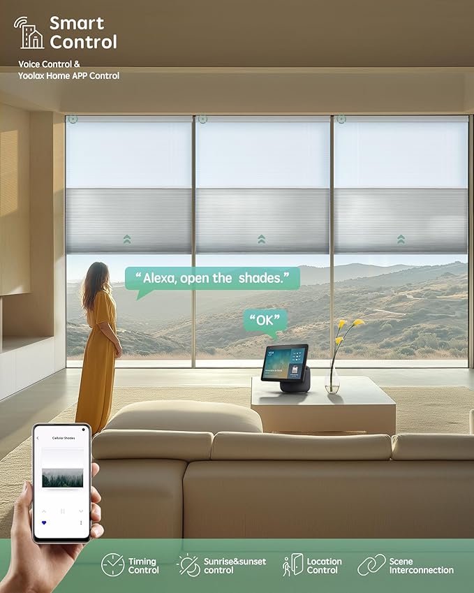 Yoolax Smart Motorized Day and Night Cellular Shades with Remote, Top Down Bottom Up Blinds Compatible with Alexa, Blackout and Light Filtering Honeycomb Blinds (White)