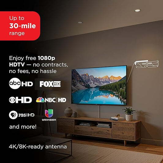 UltraPro Indoor TV Antenna for Smart TV, Long Range HD Local Channels, Easily Mount on Wall or Window, Supports 4K 1080P HDTV VHF UHF, 360° Reception, Clear, 86002