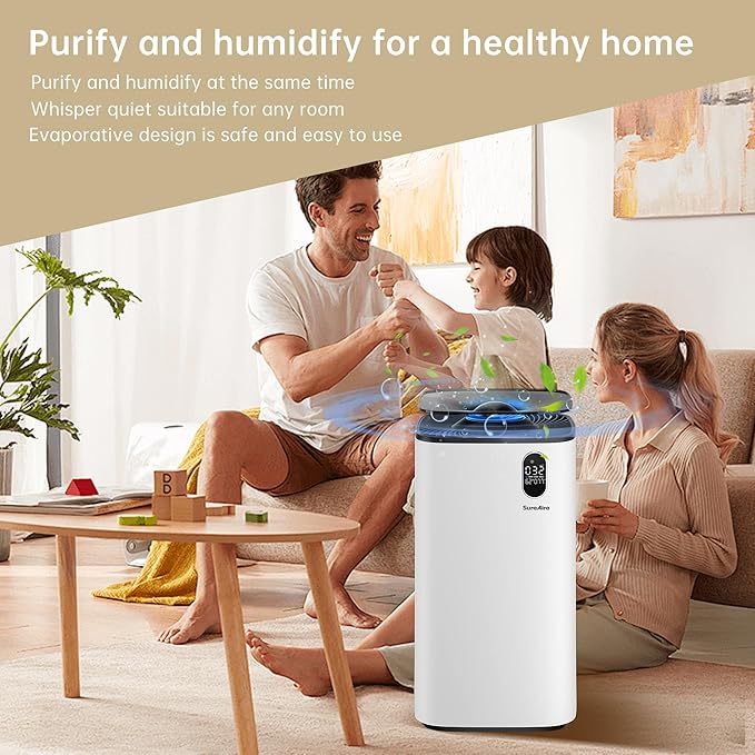 Humidifier and Air Purifier In One with Wheels for Bedroom, 6L Top Fill Evaporative No-White-Mist for Whole Home, Large Room Humidifier with Removable Tank & Dimmable Light, Easy Clean